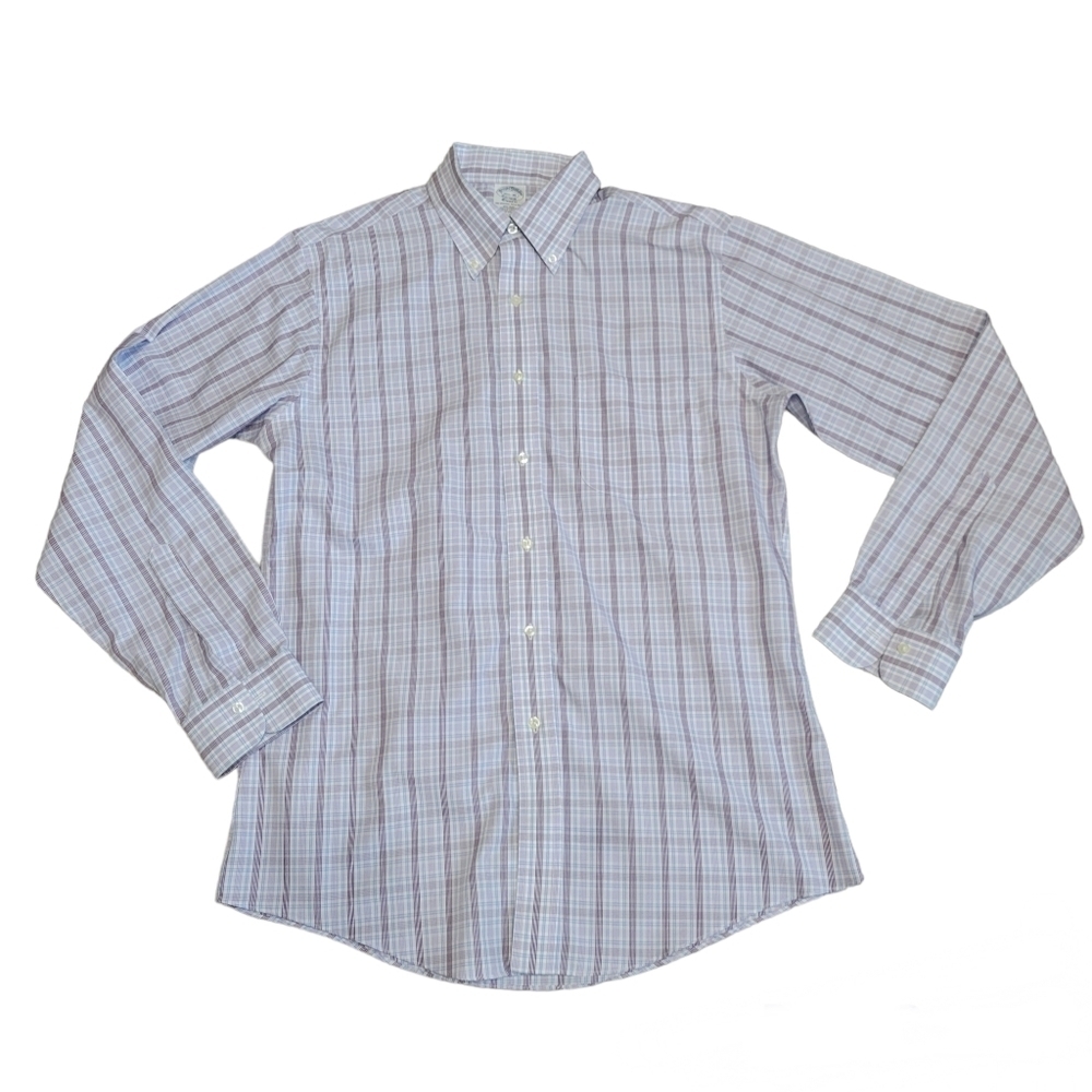 Brooks Brothers non-iron dress shirt Men's Size 15 purple and blue checkered